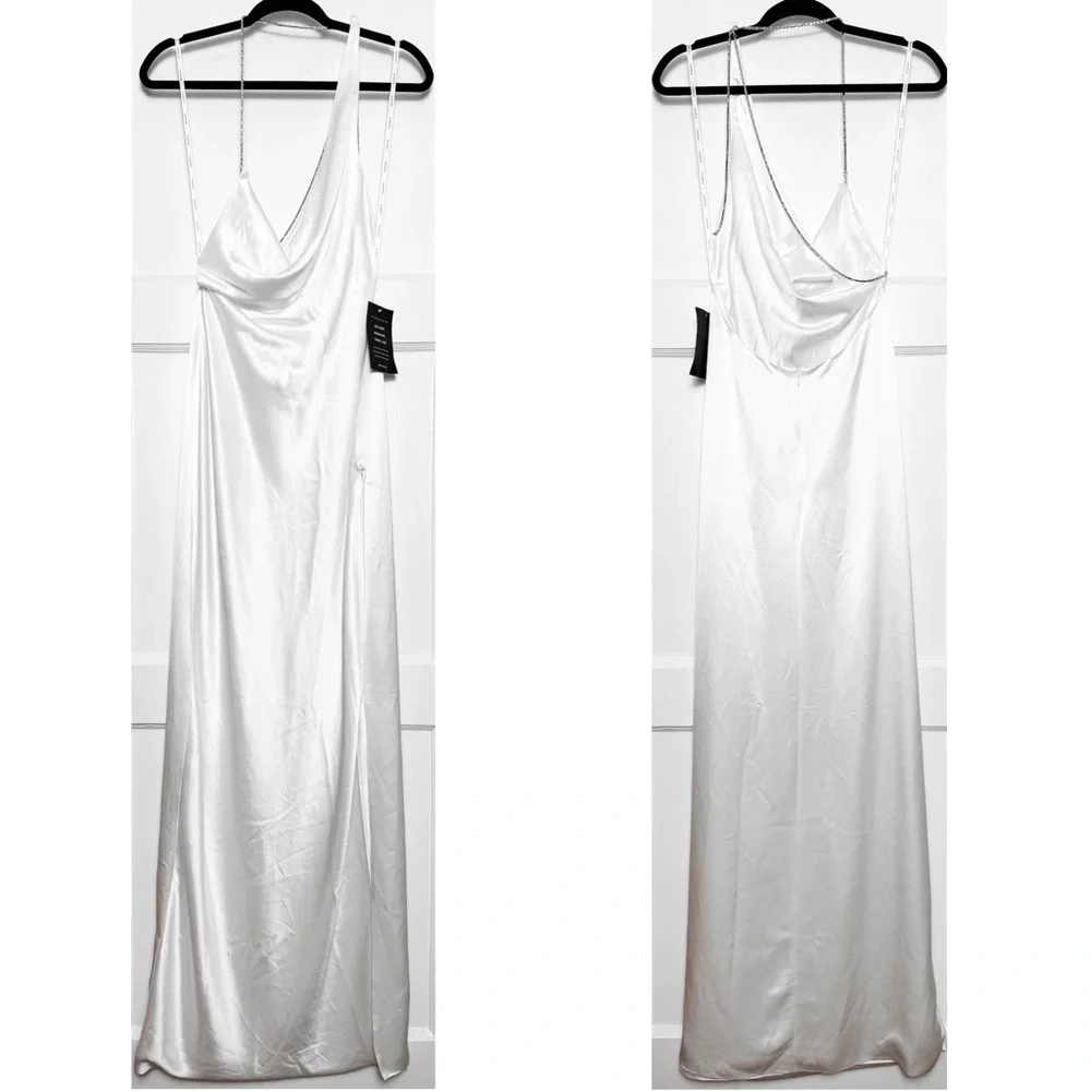 NWT RETROFETE Satin Asymmetric Crystal Chain Strap Draped Neck Open Back Gown S - Picture 9 of 13